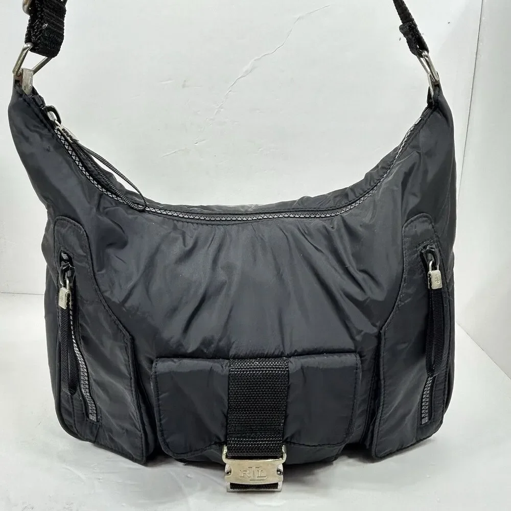 Vintage Y2K Ralph Lauren LRL Hobo Bag Black Nylon Shoulder Handbag Front Buckle